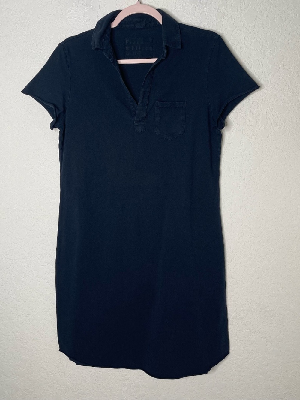 Frank & Eileen Short Sleeve Polo Dress Lab Size M Black Cotton Raw Hem